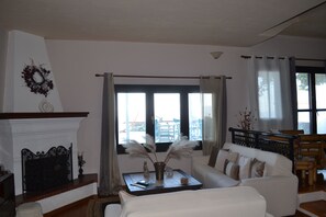 Smart TV, fireplace, books, stereo