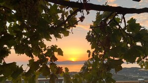 A terrace with a view of the sunset over a body of water, surrounded by foliage. - "Villa Erifili" Luxurious villa with spectacular view in Skiathos Island (Taxiarchis)