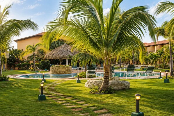 A pool area with lounge chairs and a palm tree.