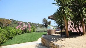 Un jardín con un sendero de piedra, una palmera y flores rosadas.