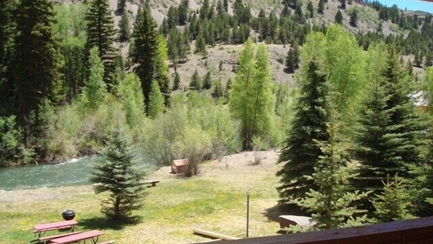 A view from a balcony overlooking a river with picnic tables and a small cabin. - Soltow's Place - Wonderful Duplex with Room For Everyone (Lake City)