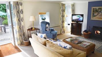 Flat-screen TV, fireplace, DVD player