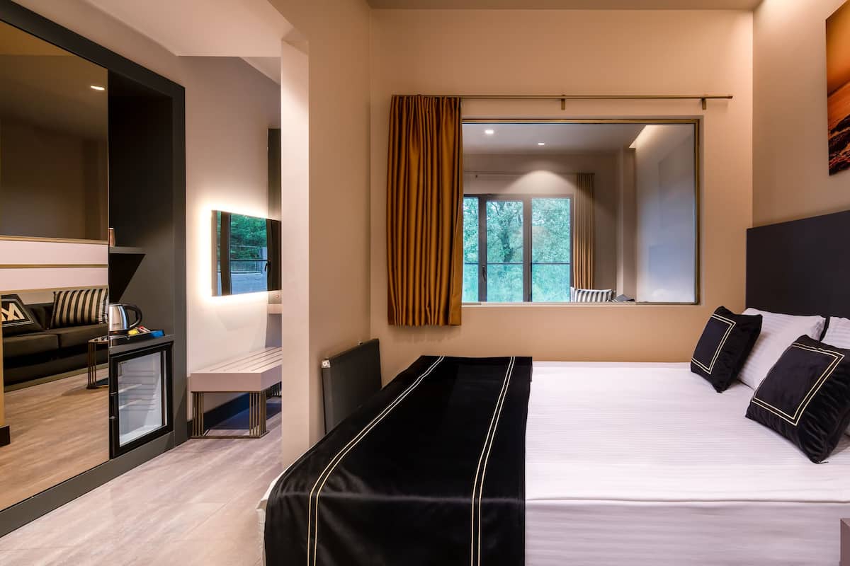 A modern hotel room with a large bed, a bedside table, a mirror, and a view of the outdoors.