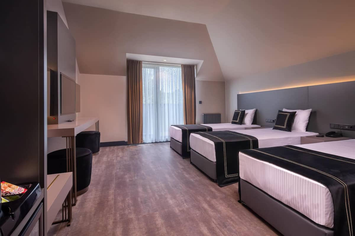 A hotel room with three beds, a desk, and a television.