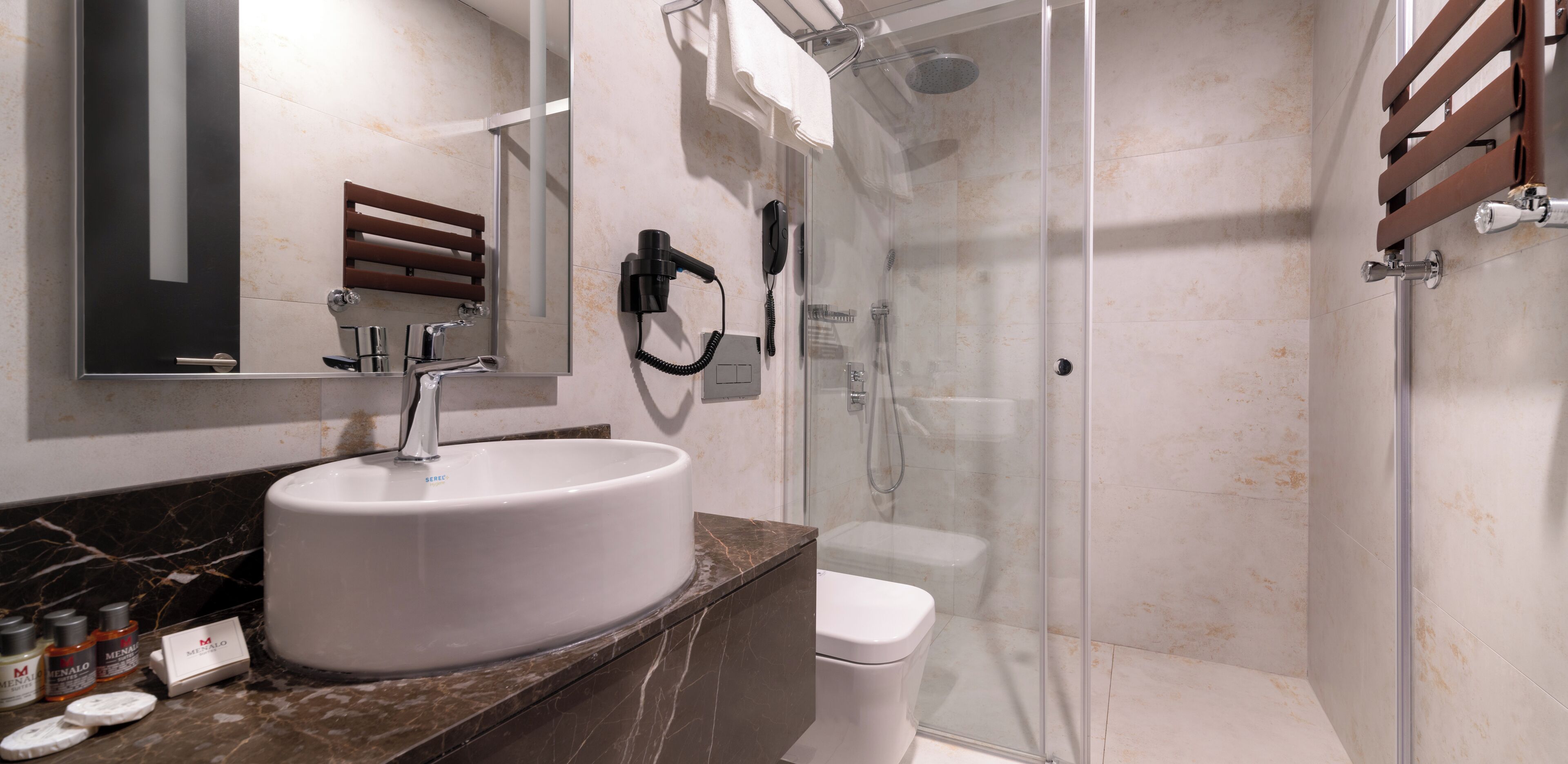 shower, rainfall showerhead, designer toiletries, hair dryer