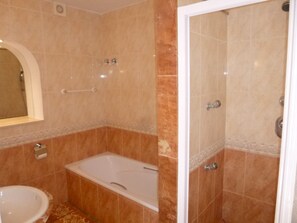 Shower, hair dryer, towels