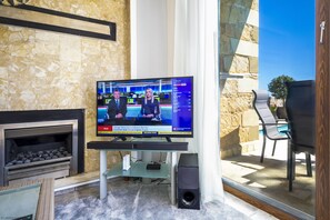 A television displaying a news broadcast in a room with stone walls, a fireplace, and a view of the outdoors.
