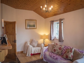 Une pièce chaleureuse avec un plafond en bois, un lit, un canapé, une lampe et une fenêtre avec des rideaux.