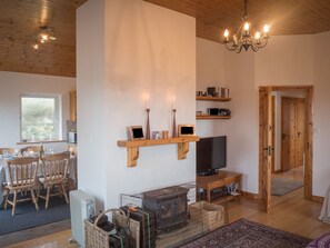 A cozy living room with a fireplace, television, and wooden shelves.