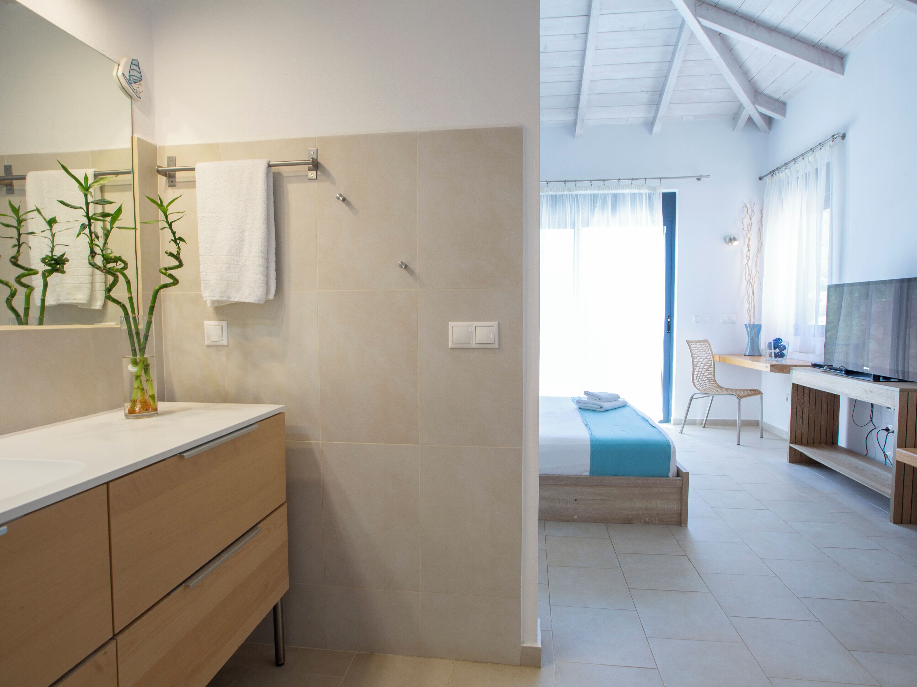 Un bagno moderno con un mobile vanitario in legno, uno specchio e una pianta.