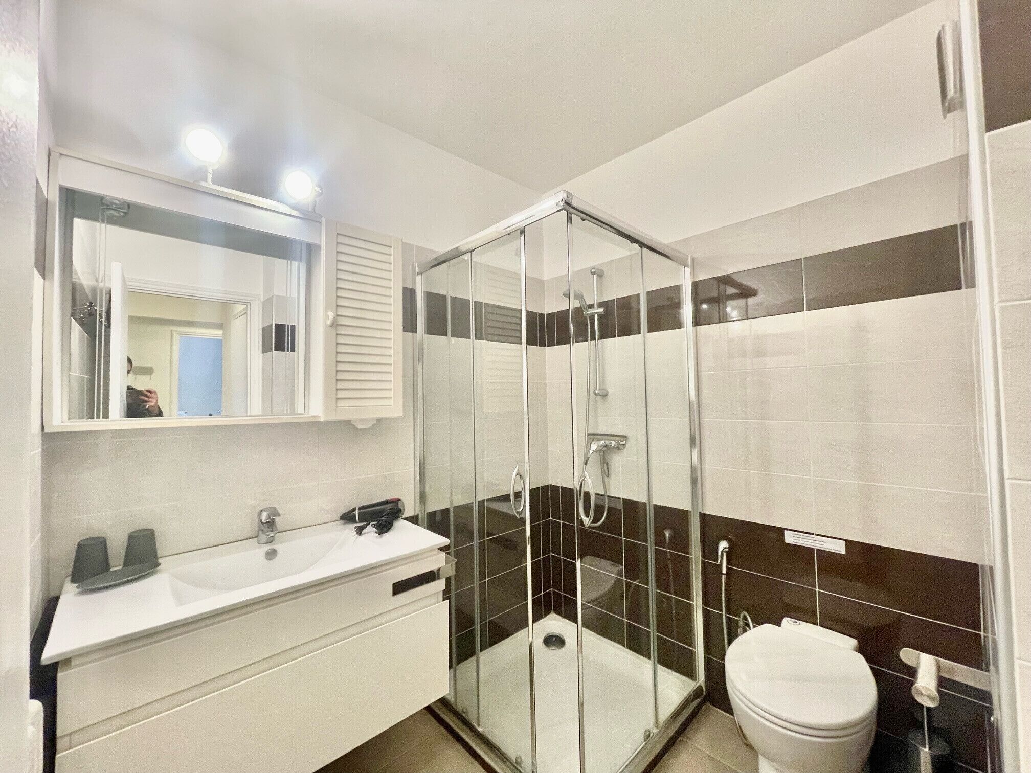 Une salle de bain moderne avec une douche à parois de verre, un lavabo blanc avec un miroir au-dessus et des toilettes.