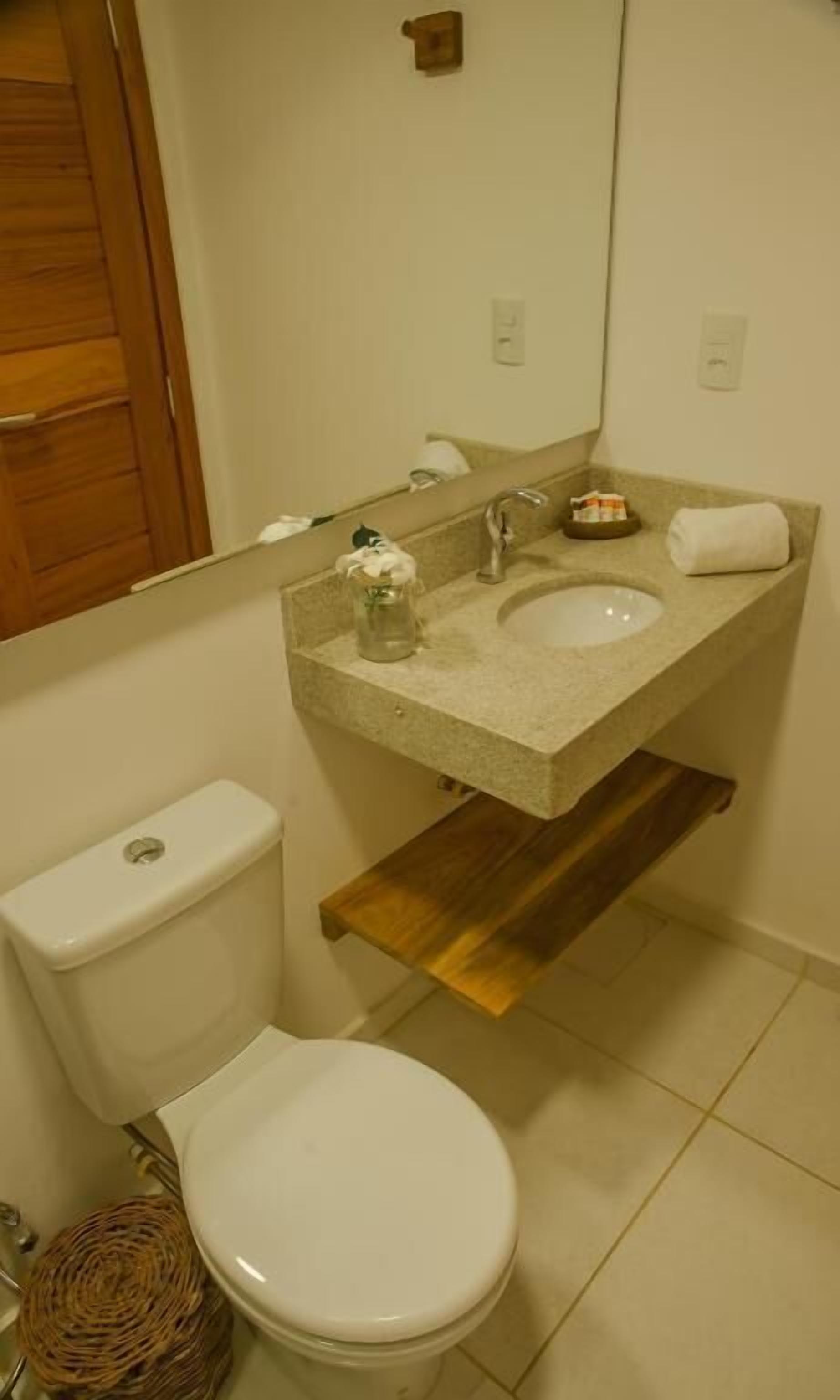 A bathroom with a toilet, sink, and mirror.