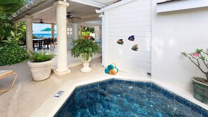 A swimming pool with a white deck, surrounded by potted plants and outdoor furniture. - Beachfront Bliss with Plunge Pool - Seashells (Paynes Bay)
