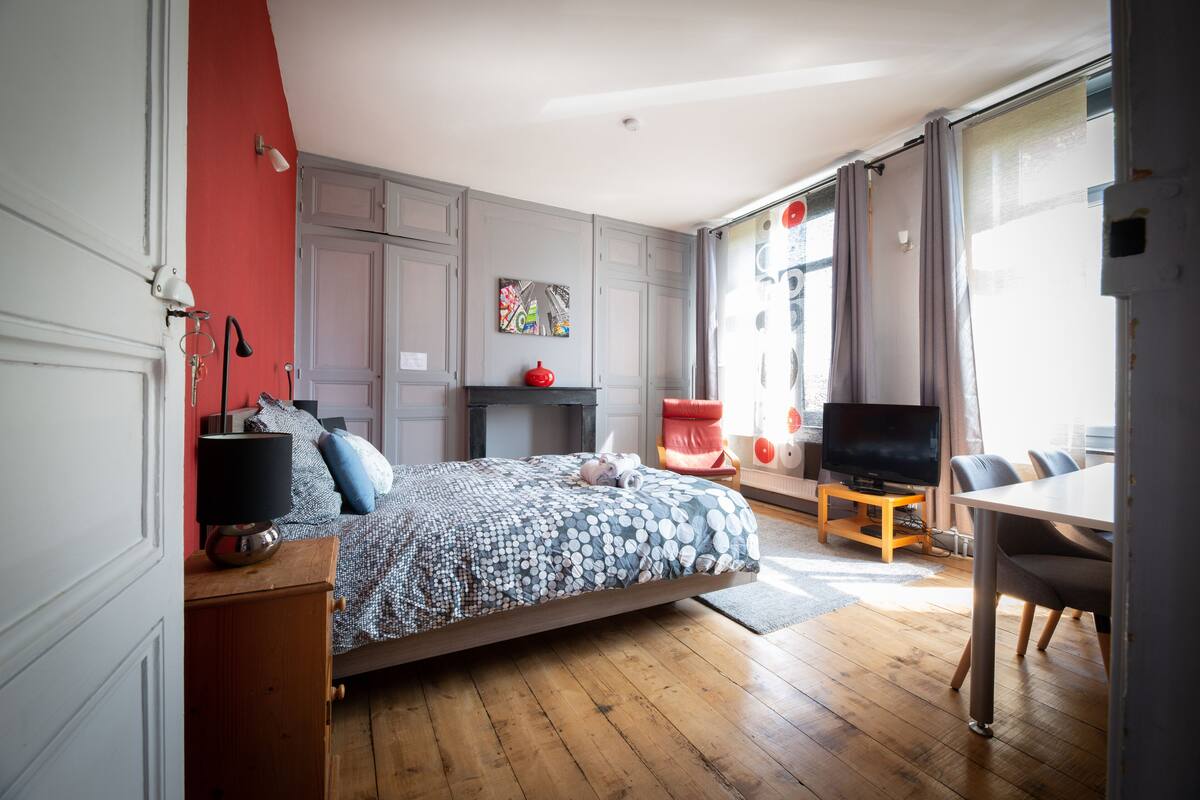 A bedroom with a bed, a desk, a chair, a TV, and a fireplace.