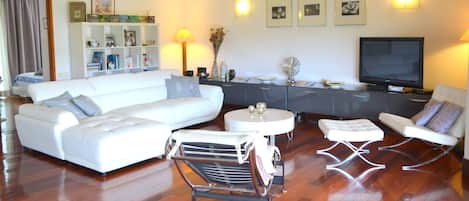 Fernseher, DVD-Player, Bücher, Stereoanlage