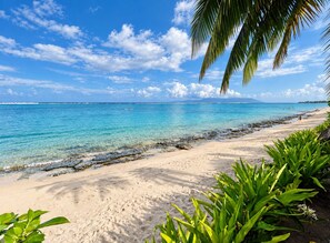 A beach with clear turquoise water, a sandy shore, and lush green vegetation.