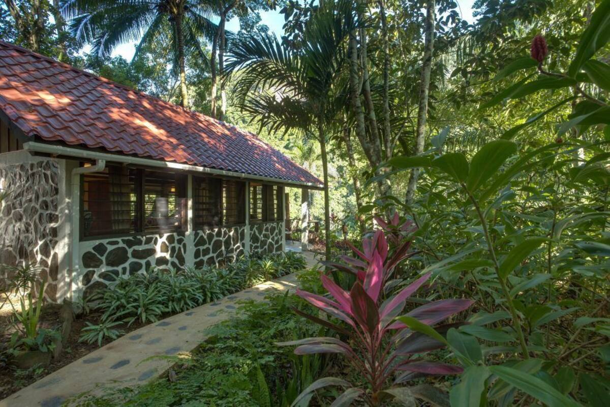 Un edificio de piedra con techo de tejas, rodeado de exuberante vegetación tropical.