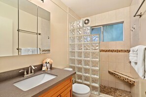 Shower, hair dryer, towels