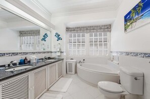Shower, jetted tub, hair dryer, towels