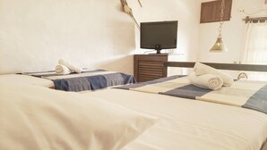 A hotel room with two beds, a television, and a hanging light fixture. - Pousada da Lagoinha (Florianópolis)
