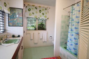 Combined shower/tub, towels