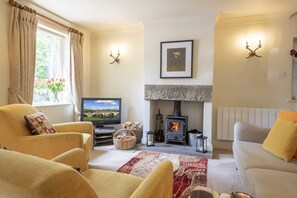Una sala de estar acogedora con chimenea, asientos cómodos y un televisor.