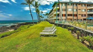 Un hotel frente a la playa con piscina, palmeras y vistas al océano.