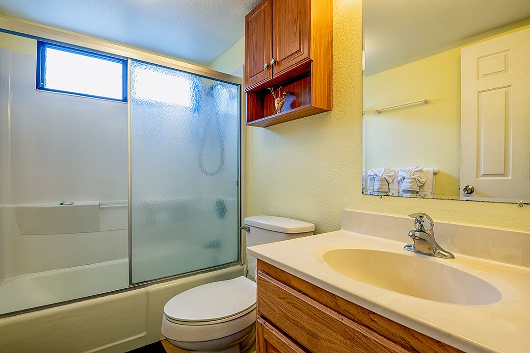 Une salle de bain avec une douche à parois de verre, des toilettes blanches, un lavabo avec un miroir et des meubles en bois.