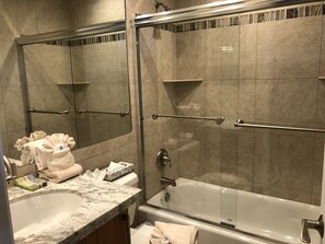 Combined shower/tub, hair dryer, towels