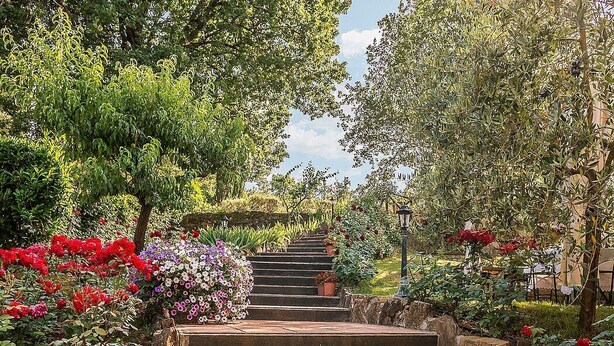 Un jardín con una escalera de piedra que sube a un nivel superior.