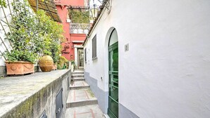 Un estrecho callejón con un sendero de concreto que lleva a un edificio con una puerta verde. Hay plantas en macetas a la izquierda y un edificio rojo al fondo.