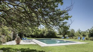 A rectangular swimming pool with a tiled deck, surrounded by a well-maintained lawn and trees.