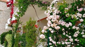 A building with a balcony covered in flowering vines and plants.