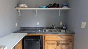 A compact kitchen with a dishwasher, a sink, and a dish rack. - A-Frame Tiny House Tucked into the Northwoods (Walker)
