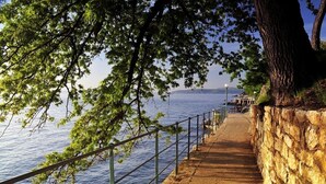 Un chemin de pierres bordant un plan d’eau, avec une rambarde en métal et des arbres qui s’étendent au-dessus.