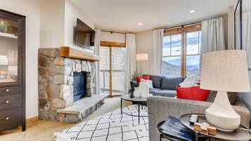 Smart TV, fireplace, video library