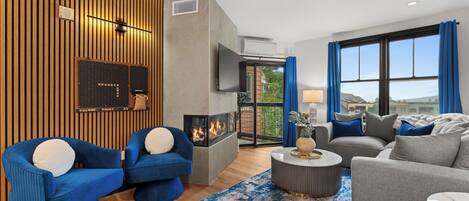Smart TV, fireplace, video library