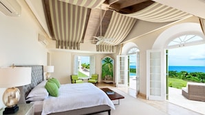 Un'ampia camera da letto con un letto grande, una scrivania e vista sull'oceano.