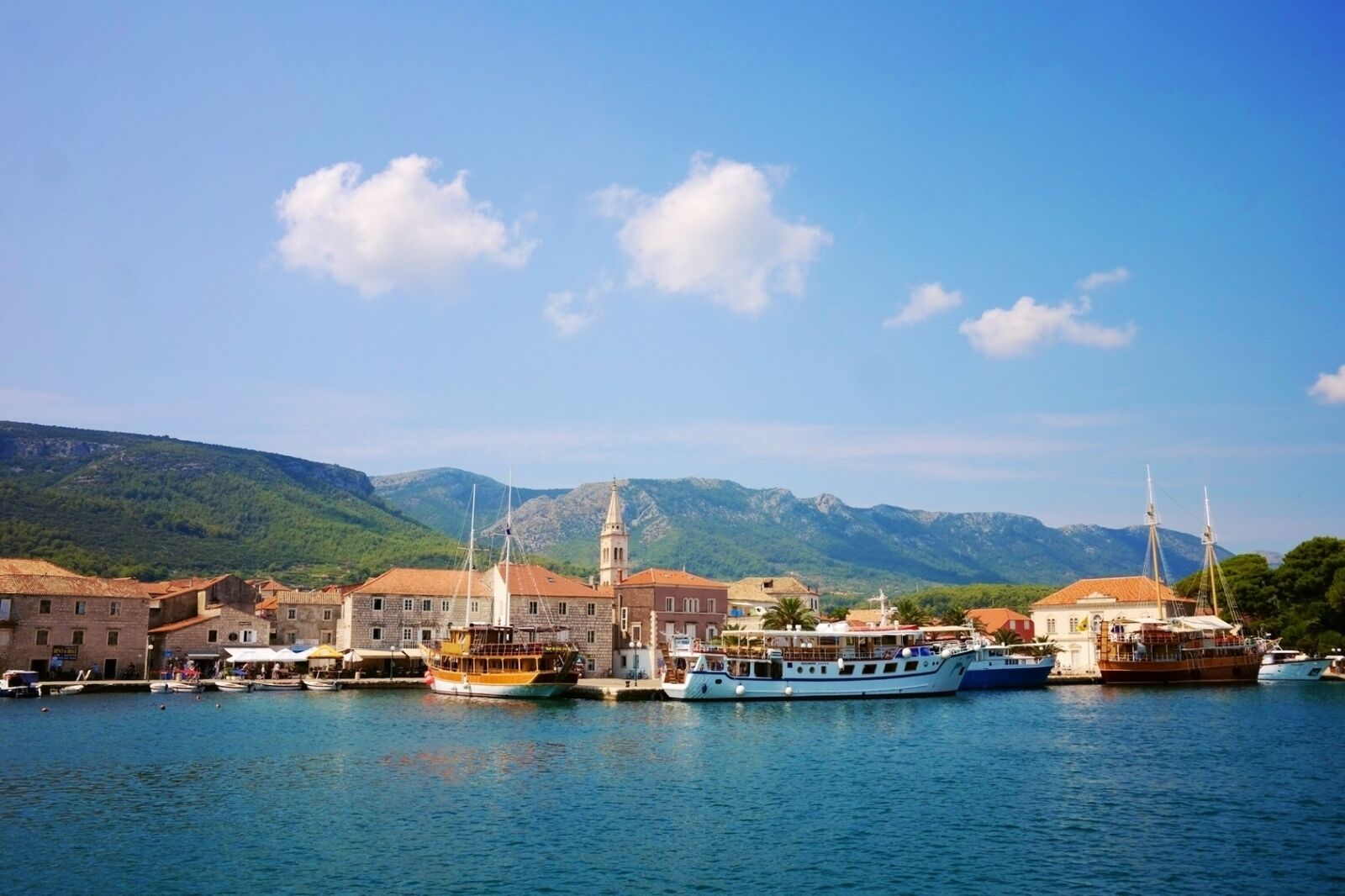 A coastal town with historic buildings, a prominent church tower, and boats docked along the waterfront.