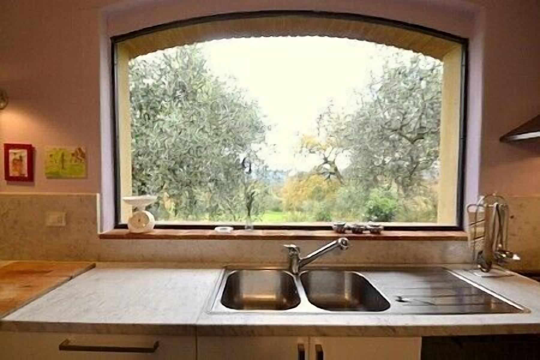 A kitchen with a double sink, a window with a view of trees, and a small shelf with a vase.