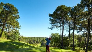 A golf course with a clear sky, trees, and a golfer in mid-swing.