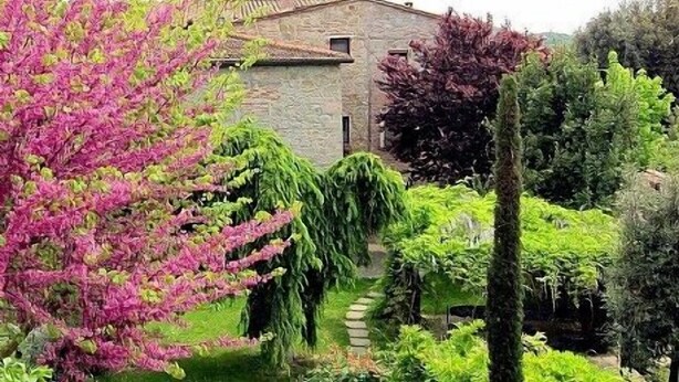 A stone building with a garden featuring various plants and a stone pathway. - Villa Sandia D: A welcoming apartment. (Castiglion fiorentino)