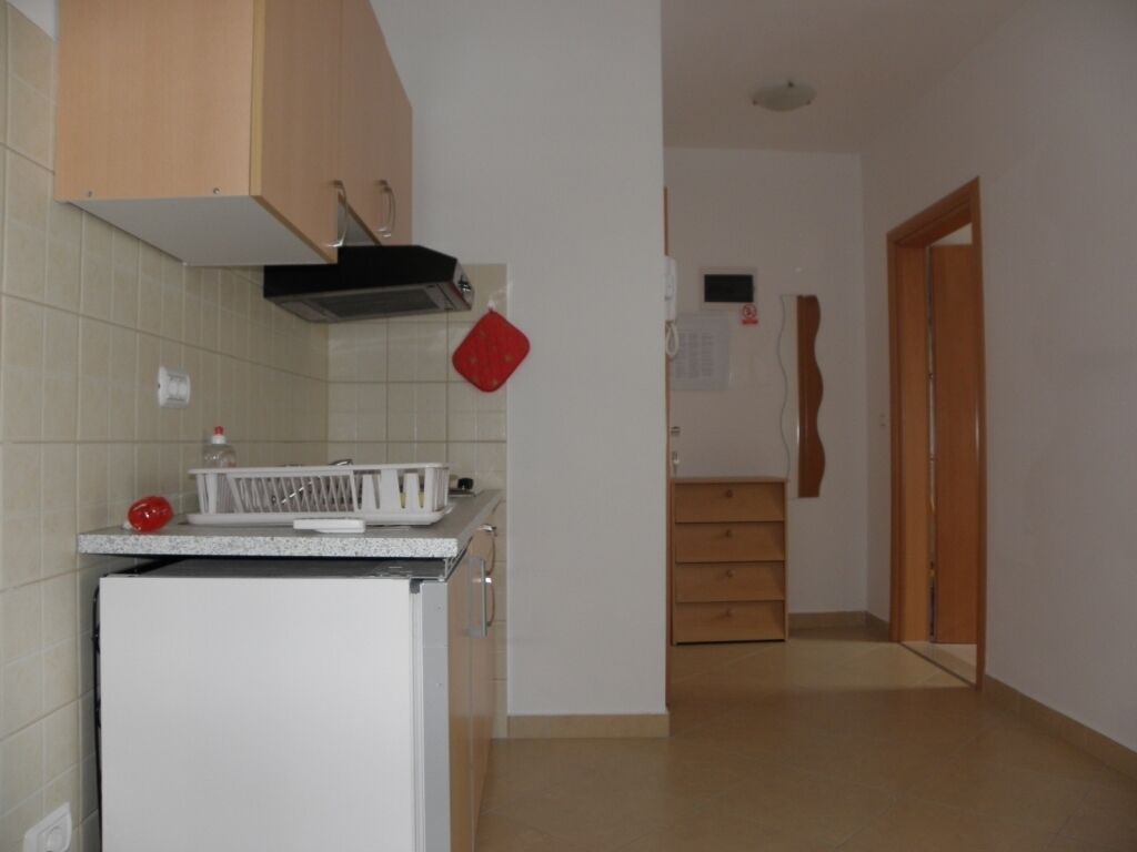 Eine Küche mit Kühlschrank, Mikrowelle und Spüle. Oberhalb der Spüle befindet sich ein Holzschrank und an der Wand hängt ein roter Topf. Eine Treppe führt in einen anderen Raum.
