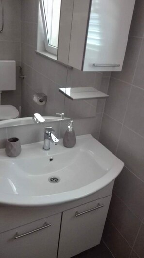 Shower, hair dryer, towels