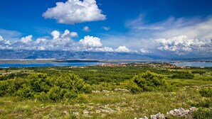 Une vue panoramique d’un paysage côtier, avec un ciel dégagé, une végétation luxuriante et une ville lointaine au bord de la mer.