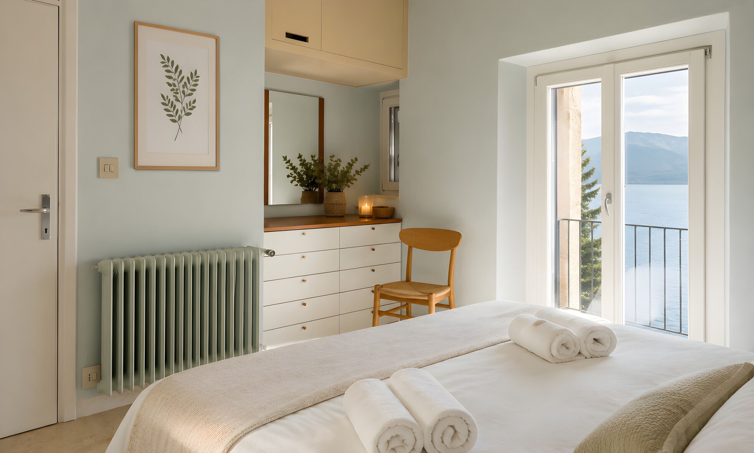 Une chambre avec un lit, une chaise, un radiateur, une commode, un miroir, une plante en pot et un balcon avec vue.