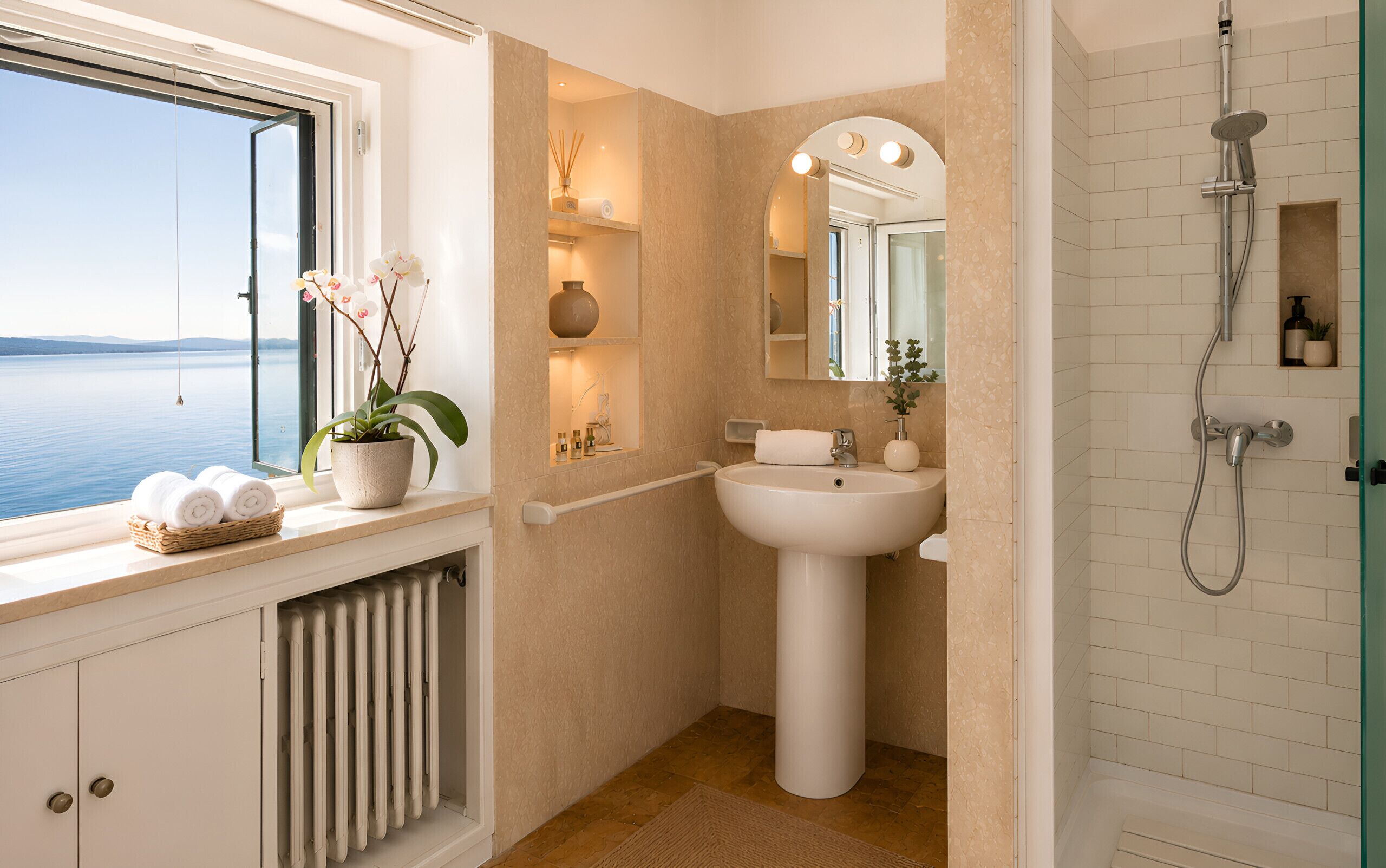 Ein Badezimmer mit Fenster, Waschbecken, Spiegel und Dusche.