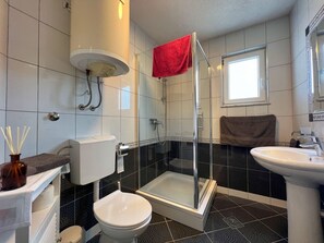 Shower, hair dryer, towels