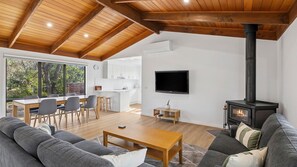 Smart TV, fireplace, DVD player, stereo