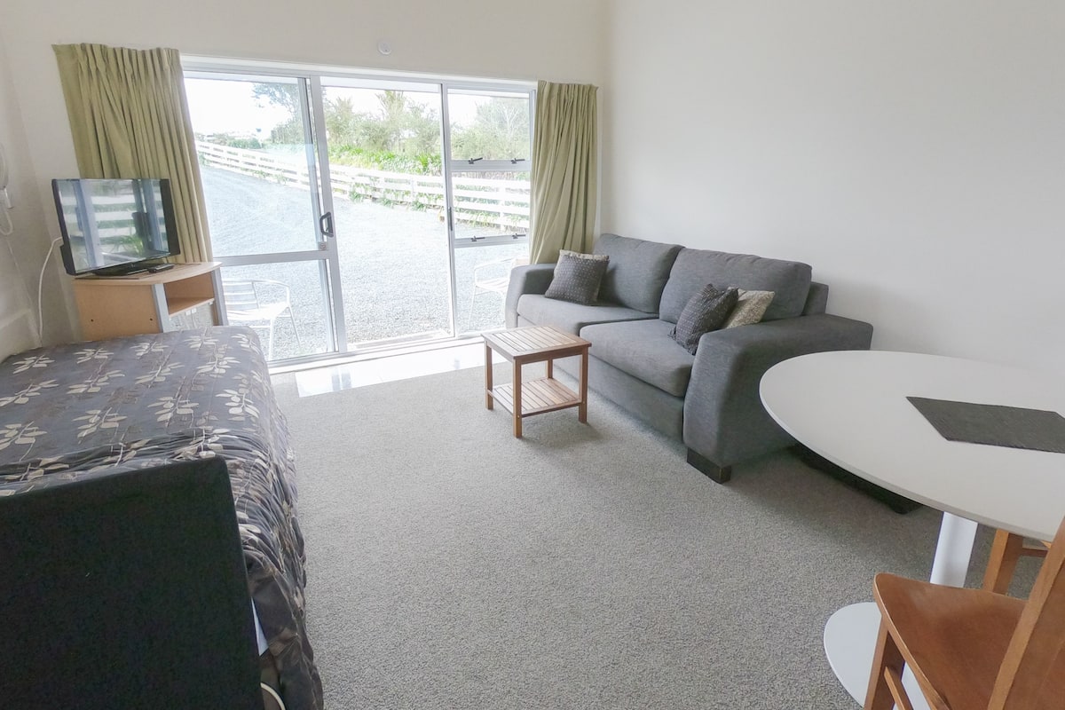 A room with a bed, a grey sofa, a small table, and a TV on a wooden stand.